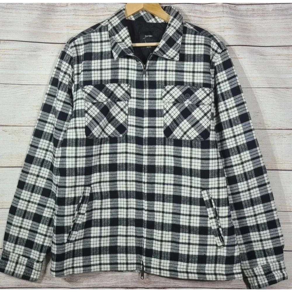 Tavik Flannel Full Zip Shacket Men's Size Large Black White Plaid Pockets